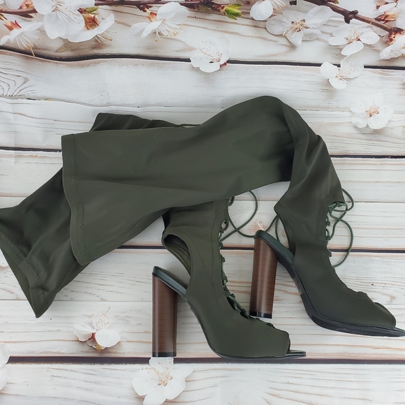 Olive green open toe lace up thigh high boots - Picture 1 of 5